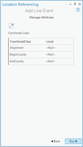 Paramètres Manage Attributes (Gérer les attributs) dans la fenêtre Add Line Event (Ajouter un événement linéaire)