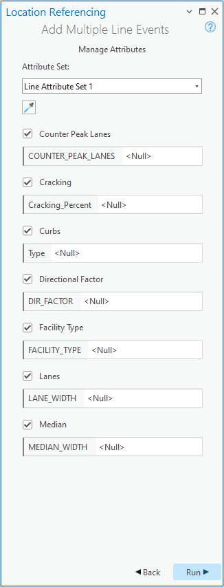 Paramètres Manage Attributes (Gérer les attributs) dans la fenêtre Add Multiple Line Events (Ajouter plusieurs événements linéaires)