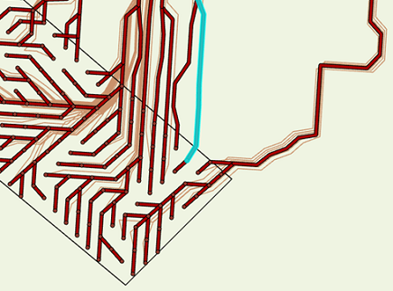 Carte qui montre de nombreux chemins convergeant en un seul chemin lorsque le paramètre Créer des chemins de réseau est coché