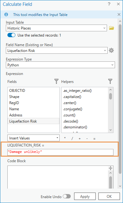 Boîte de dialogue Calculate Field (Calculer un champ)