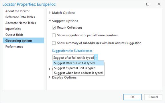 Suggest Options (Options de suggestion) sur l’onglet Geocoding options (Options de géocodage) de la boîte de dialogue Locator Properties (Propriétés du localisateur).