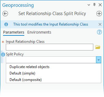 Outil de géotraitement Set Relationship Class Split Policy (Définir la règle de division de la classe de relations)