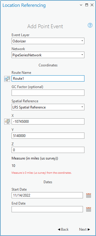 Fenêtre Add Point Event (Ajouter un événement ponctuel) avec sélection de coordonnées