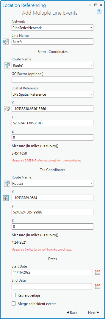 Méthode Coordinates (Coordonnées) sélectionnée dans la fenêtre Add Multiple Line Events (Ajouter plusieurs événements linéaires)