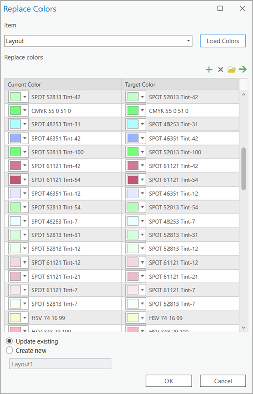 The Replace Colors dialog box with a table of current colors and target colors