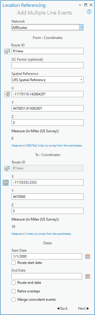 Méthode Coordinates (Coordonnées) sélectionnée dans la fenêtre Add Multiple Line Events (Ajouter plusieurs événements linéaires)