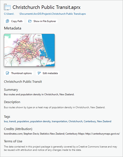 Métadonnées du projet et image miniature sur la page d’informations