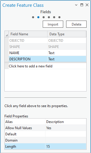 Page Fields (Champs) de la fenêtre Create Feature Class (Créer une classe d’entités) Page Fields (Champs) de la fenêtre Create Feature Class (Créer une classe d’entités)