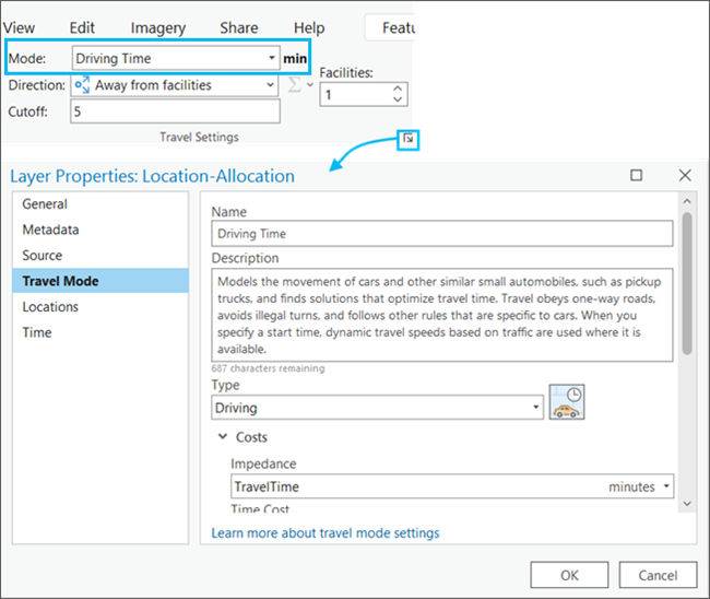 L’attribut de coût TravelTime (Temps de trajet) enregistre la valeur d’impédance en minutes L’attribut de coût TravelTime (Temps de trajet) enregistre la valeur d’impédance en minutes