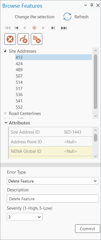 Fenêtre Browse Features (Parcourir les entités) avec une entité sélectionnée