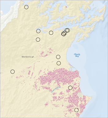 Carte des zones tampon des terrains de camping et Nassella tussock Carte des zones tampon des terrains de camping et Nassella tussock