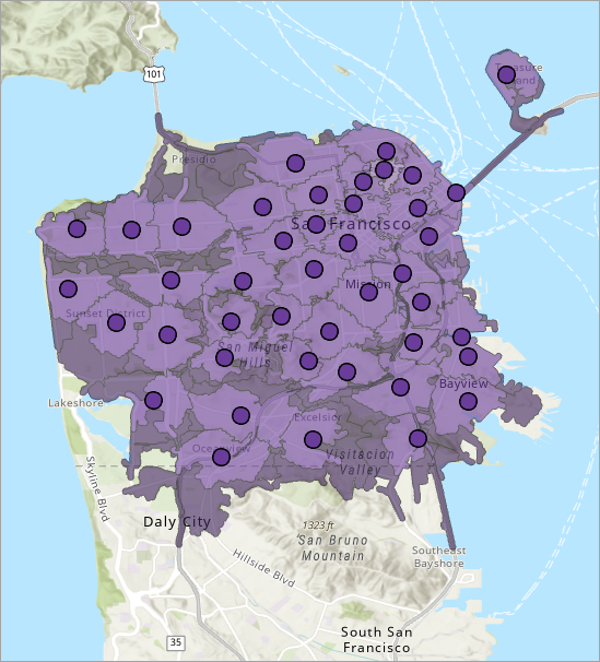 Zones accessibles entre deux et quatre minutes depuis une caserne donnée Zones accessibles entre deux et quatre minutes depuis une caserne donnée