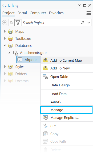 Manage (Gérer) dans le menu contextuel Manage (Gérer) dans le menu contextuel