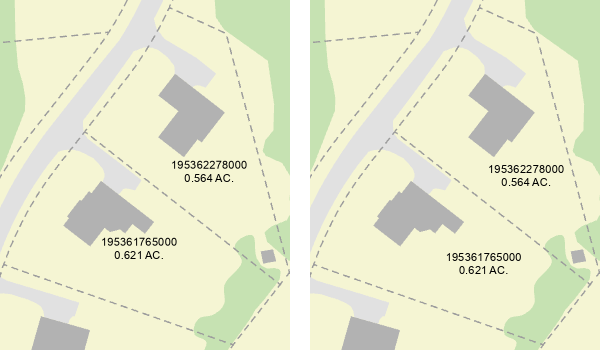Exemple avec l’option Avoid overlapping labeled polygons as if holes (Éviter le chevauchement des polygones étiquetés comme s’il s’agissait de trous). Exemple avec l’option Avoid overlapping labeled polygons as if holes (Éviter le chevauchement des polygones étiquetés comme s’il s’agissait de trous).