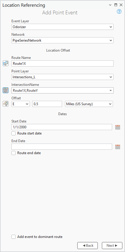 Fenêtre Add Point Event (Ajouter un événement ponctuel) affichant la section Location Offset (Décalage de la localisation) Fenêtre Add Point Event (Ajouter un événement ponctuel) affichant la section Location Offset (Décalage de la localisation)