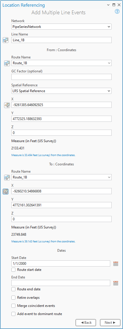 Méthode Coordinates (Coordonnées) sélectionnée dans la fenêtre Add Multiple Line Events (Ajouter plusieurs événements linéaires) Méthode Coordinates (Coordonnées) sélectionnée dans la fenêtre Add Multiple Line Events (Ajouter plusieurs événements linéaires)