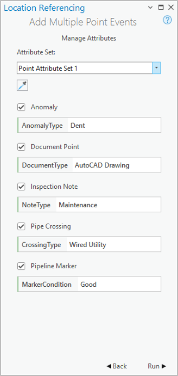 Fenêtre Add Multiple Point Event (Ajouter plusieurs événements ponctuels) avec section Manage Attributes (Gérer les attributs) Fenêtre Add Multiple Point Event (Ajouter plusieurs événements ponctuels) avec section Manage Attributes (Gérer les attributs)