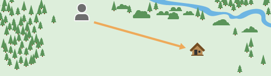 Chemin en ligne droite entre un randonneur et une cabane Chemin en ligne droite entre un randonneur et une cabane