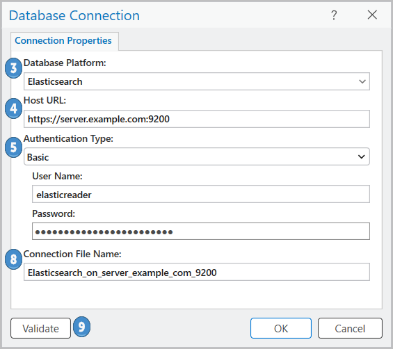 Connexion à Elasticsearch à partir de la boîte de dialogue Database Connection (Connexion à une base de données) Connexion à Elasticsearch à partir de la boîte de dialogue Database Connection (Connexion à une base de données)
