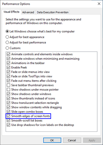 Propriétés de lissage des polices de la boîte de dialogue Options de performances de Windows Propriétés de lissage des polices de la boîte de dialogue Options de performances de Windows