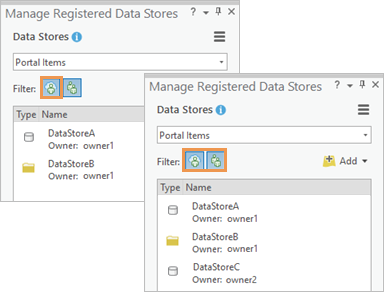 Deux vues de la fenêtre Manage Registered Data Stores (Gérer les Data Stores inscrits) Deux vues de la fenêtre Manage Registered Data Stores (Gérer les Data Stores inscrits)