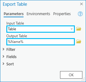 Boîte de dialogue de l’outil Exporter la table