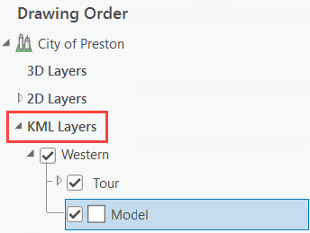 Dans la catégorie KML Layers (Couches KML) de la fenêtre Contents (Contenu), le fichier Western KML inclut les nœuds Tour et Model.