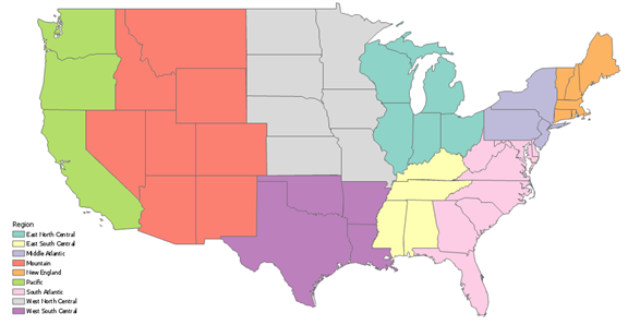 États américains contigus symbolisés en fonction de leur région.