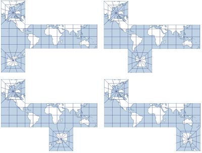 Exemples de la projection Cube utilisant les options 0–3, respectivement