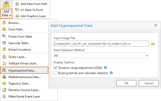 Liste déroulante Add Data (Ajouter des données) et boîte de dialogue Add Hyperspectral Data (Ajouter des données hyperspectrales)