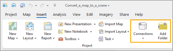 Onglet Insert (Insérer) sur le ruban présentant les boutons Connections (Connexions) et Add Folder Connection (Ajouter une connexion aux dossiers)