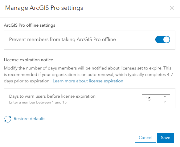 Fenêtre avec le paramètre permettant d’empêcher d’utiliser ArcGIS Pro hors connexion