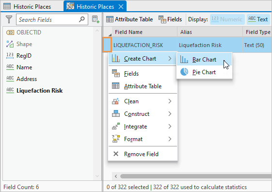 Vue Data Engineering (Ingénierie des données) illustrant des options de liste déroulante pour le champ LIQUEFACTION_RISK