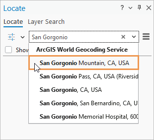 Fenêtre Locate (Localiser) avec liste déroulante des suggestions