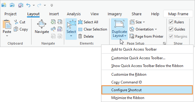 Option Configure Shortcut (Configurer un raccourci) dans le menu contextuel d’une commande du ruban