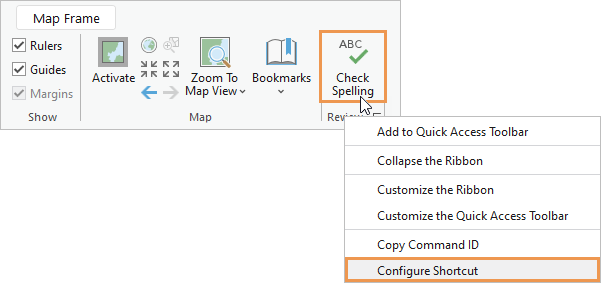 Menu contextuel pour une commande de ruban avec Configure Shortcut (Configurer un raccourci) en surbrillance