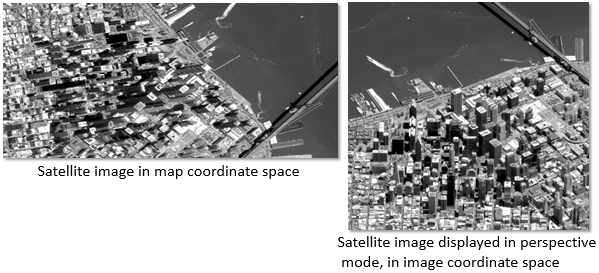 Oblique imagery in map space and in perspective mode