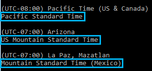 Capture d’écran de la sortie de la commande tzutil de Windows
