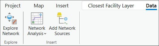 Les outils Explore Network (Explorer le réseau) et Add Network Sources (Ajouter des sources de réseau) apparaissent dans le ruban lorsqu'une couche d’analyse de réseau est ajoutée à la fenêtre Contents (Contenu).
