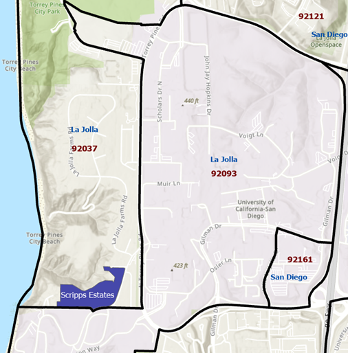 Carte affichant les limites de la localité et du code postal et leur intersection