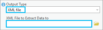 Dans l’outil Extract Data From Geodatabase (Extraire des données d’une géodatabase), l’option Output Type (Type en sortie) est définie sur XML.