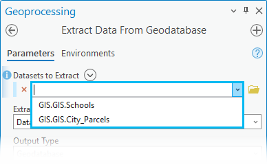 Paramètre Datasets to Extract (Jeux de données à extraire) de l’outil de géotraitement Extract Data From Geodatabase (Extraire des données d’une géodatabase)