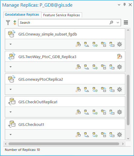 Fenêtre Manage Replicas (Gérer les réplicas) affichant les réplicas de géodatabase