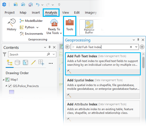 Outil Ajouter un index en texte intégral sous l’onglet Analyse, Outils et Géotraitement