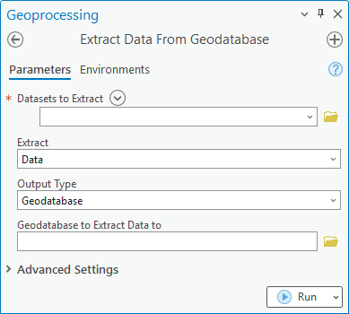 Boîte de dialogue de l’outil de géotraitement Extract Data From Geodatabase (Extraire des données d’une géodatabase)