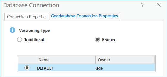 Geodatabase Connection Properties (Propriétés de connexion de géodatabase) pour Versioning Type (Type de versionnement) défini sur Branch (Branche)