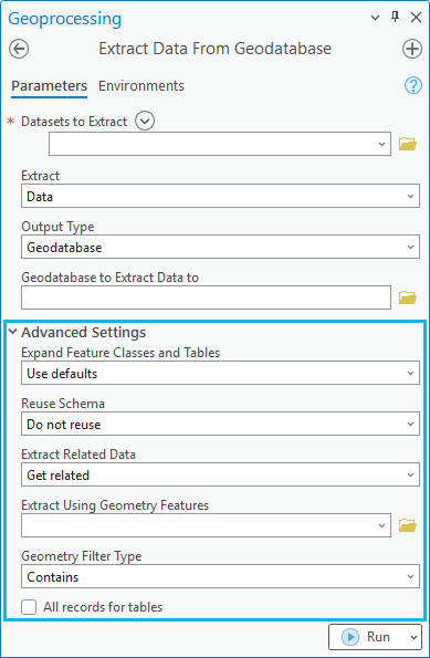 Advanced Setting (Paramètre avancé) dans l’outil Extract Data From Geodatabase (Extraire des données d’une géodatabase)