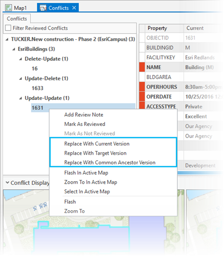 Menu contextuel Conflicts (Conflits) de la version de branche