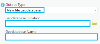 Dans l’outil Extract Data From Geodatabase (Extraire des données d’une géodatabase), l’option Output Type (Type en sortie) est définie sur New file geodatabase (Nouvelle géodatabase fichier).