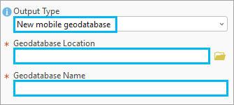 Dans l’outil Extract Data From Geodatabase (Extraire des données d’une géodatabase), l’option Output Type (Type en sortie) est définie sur New mobile geodatabase (Nouvelle géodatabase mobile).